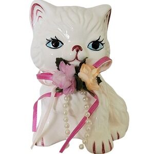 Vintage White Ceramic Kitten Cat Figurine with Flowers & Ribbon Decoration‎